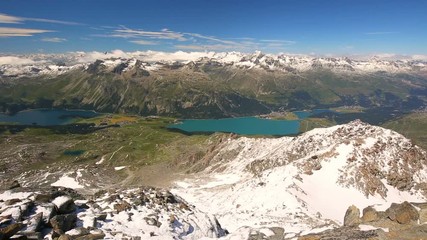 Wall Mural - Stunning view of Silsersee, Silvaplanersee, Engadin valley and Maloja from Corvatsch mountain near Sankt Moritz, Grisons, Switzerland, Europe.
