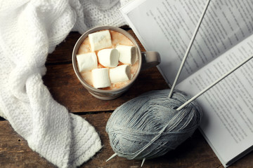 Poster - Hot drink with marshmallows on table, top view