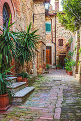 Fototapete - Alley in Italian old town, Tuscany, Italy