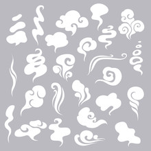 Set Of Smoke, Clouds, Fog And Steam Cartoon Vector Illustration. White Smoke Flat Icon Isolated For Game, Advertising.