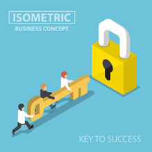 Isometric Business Team Holding Golden Key To Unlock The Lock