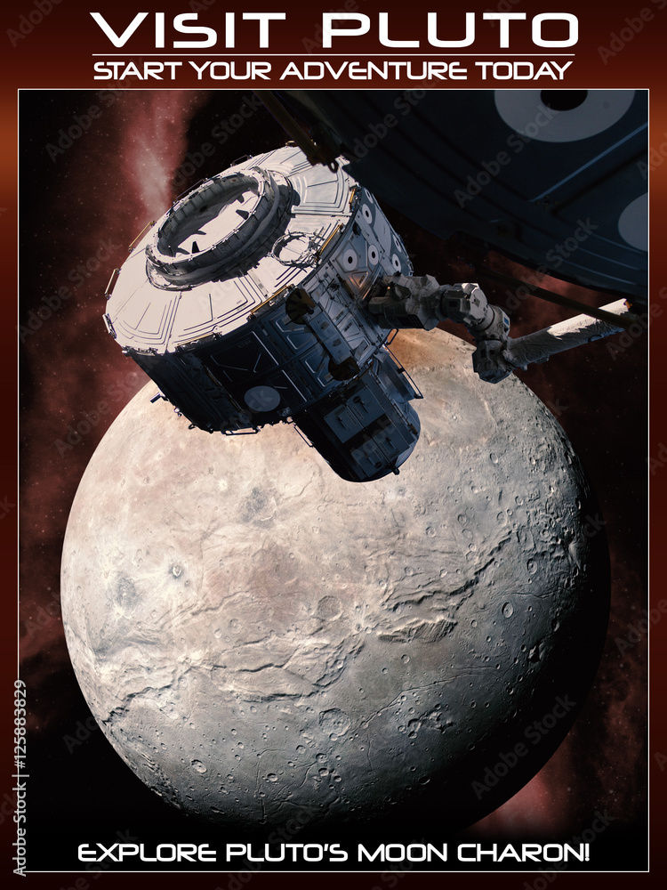 Fantasy space poster to visit pluto with today's technology. Stock ...