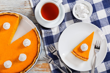 Canvas Print - portion of delicious bright orange pumpkin open pie on plate