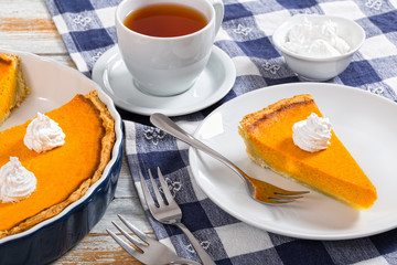 Wall Mural - portion of delicious bright orange pumpkin open pie on plate