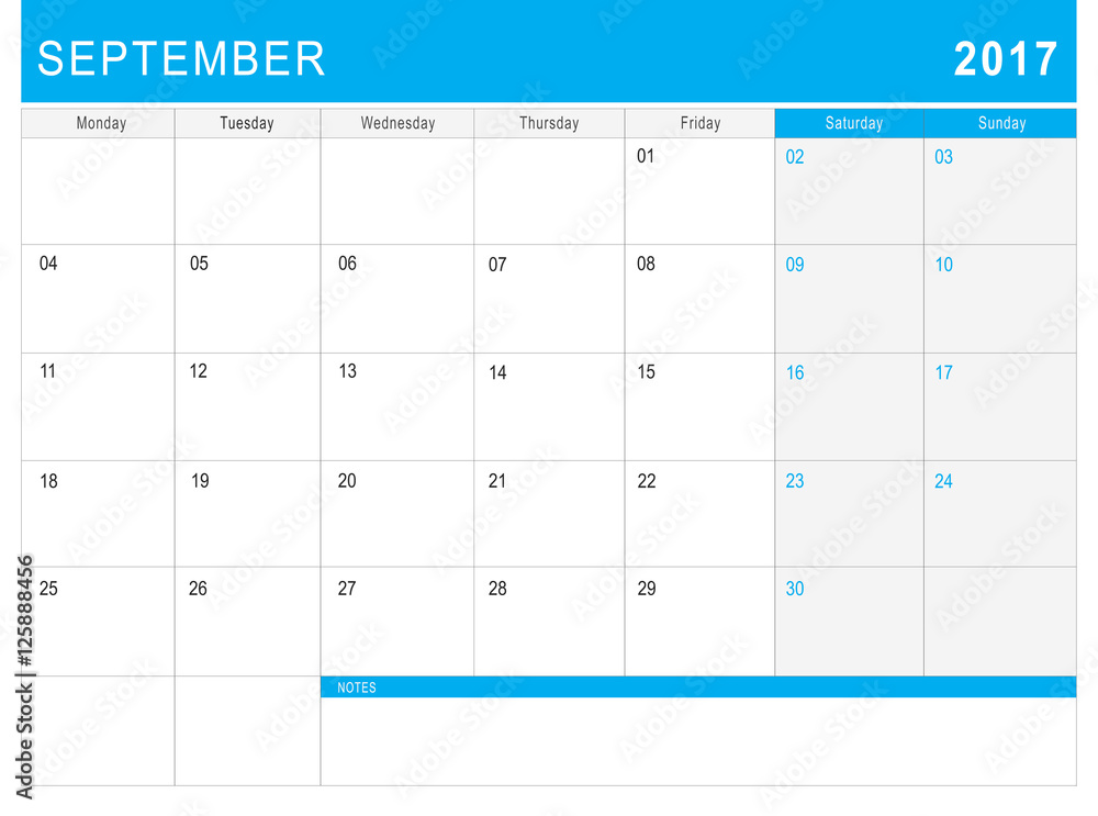 2017 September calendar (or desk planner) with notes - obrazy, fototapety, plakaty 