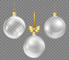 Glass Transparent Christmas Ball With Gold Ribbon. Shiny New Year Toys For Decoration.