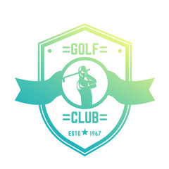 Poster - Golf club vintage logo, emblem with golfer swinging club on white, vector illustration