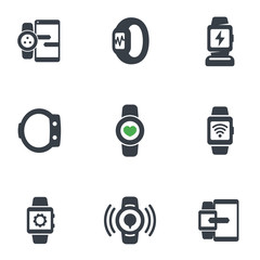 Canvas Print - smart watch icons isolated on white, fitness tracker, synchronization with phone, wearable devices, charging station, vector illustration