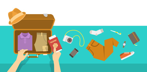 Packing bag for traveling. Travel vacation vector flat illustration. Tourist man puts in suitcase clothes, shoes, hat, phone, notebook, camera and passport. Top view retro banner