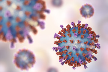 Wall Mural - Respiratory syncytial virus, 3D illustration which shows structure of virus of two types of surface spikes. One of viruses which causes common cold