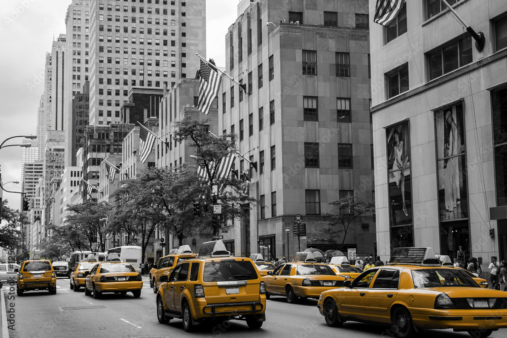 New York City Taxi Street USA Black white yellow 2 - obrazy, fototapety, plakaty 