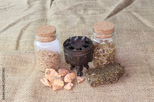 Fotografia, Obraz Set of natural incense with musk, benzoin resin, sandalwood and Patchouli with c