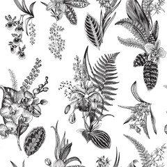 Vector seamless vintage floral pattern. Exotic orchid and leaf. Botanical classic illustration. Black and white