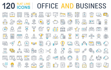 set vector flat line icons office and business