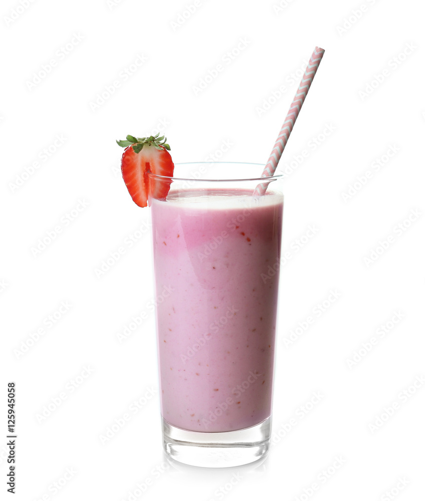 Glass of strawberry milk shake on white background