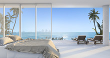 3d Rendering Luxury Villa Bedroom Near Beach And Palm Tree With Beautiful Morning Scene From Window 