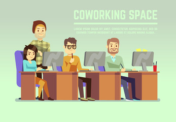 Canvas Print - Graphic design team working in agency office with laptops vector illustration