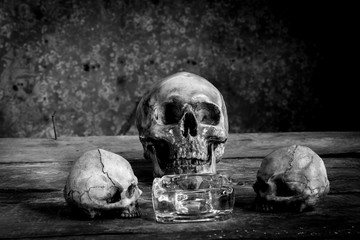 still life black and white photography with human skulls on wood