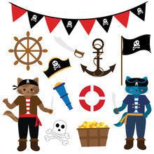 Birthday Illustration With Cat Pirate Theme And Pirate Ornaments Suitable For Children Sticker Set And Clip Art