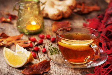 Wall Mural - autumn tea with ginger, lemon