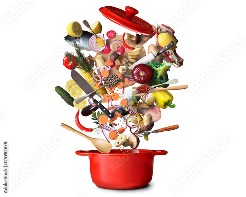 Zdjęcie XXL Duży czerwony garnek z warzywami i mięsem