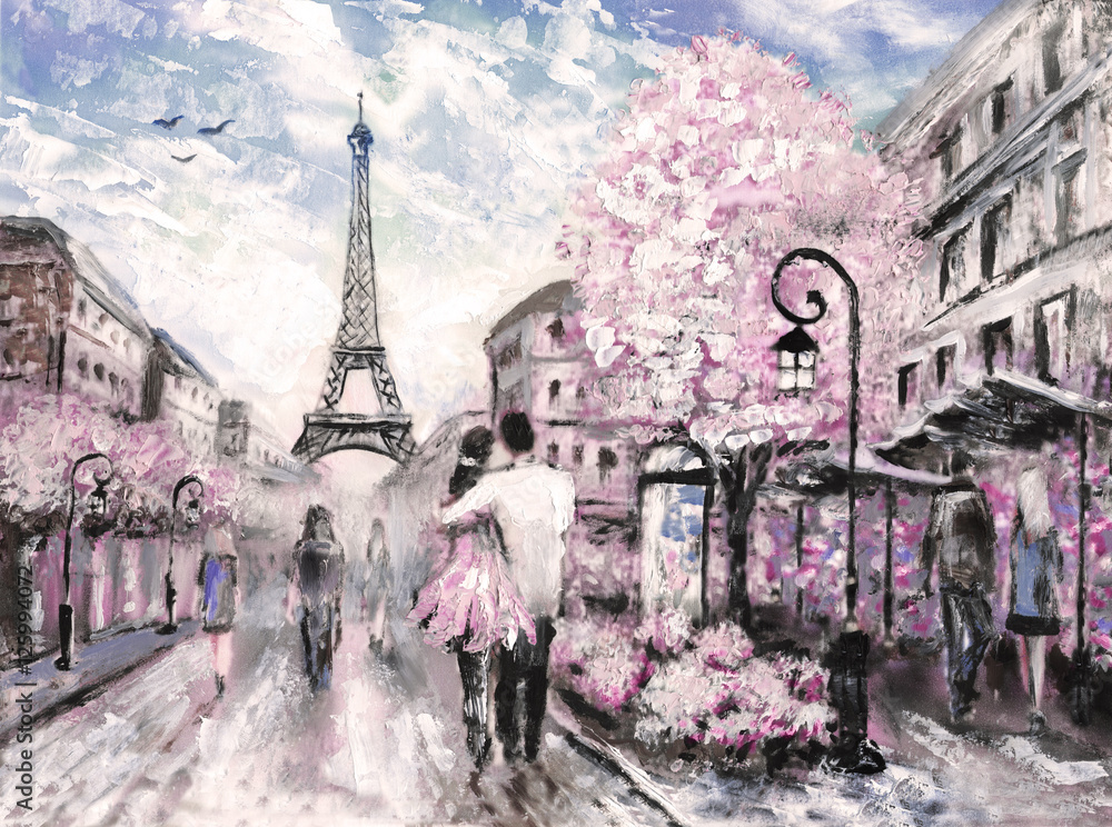 Obraz olejny, ulica w Paryżu, Europejski krajobraz miasta - obrazy, fototapety, plakaty 