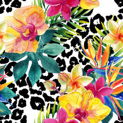 Wall Mural - Tropical watercolor flowers and leaves on animal print