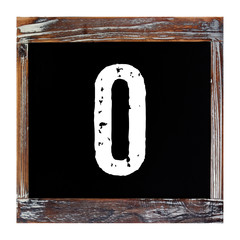 Number 0, zero, on vintage wooden chalkboard isolated on white 
