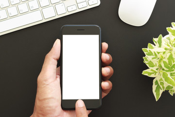 Poster - hand hold phone white screen display, close-up business man touc