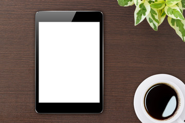 Aufkleber - digital tablet blank screen on wood top view