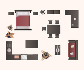 Wall Mural - Modern furniture isolated on white background. Design elements top view image realistic vector illustration.