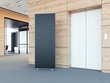 Blank roll up bunner in modern office lobby. 3d rendering