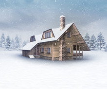 Seasonal Wooden Cabin At Winter Snowfall