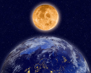 Wall Mural - planet earth and full moon on night sky. elements of this image furnished by nasa. 3d rendering of p