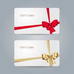 Wall Mural - White gift card with red, golden bow and ribbons. Vector template for design invitation and credit or discount card. Isolated from a background.