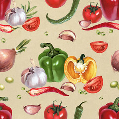 Wall Mural - Seamless pattern with watercolor illustrations of vegetables