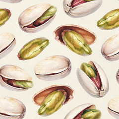 Wall Mural - Seamless pattern with watercolor illustrations of pistachio