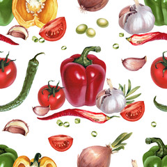 Wall Mural - Seamless pattern with watercolor illustrations of vegetables