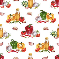Wall Mural - Seamless pattern with watercolor illustrations of vegetables