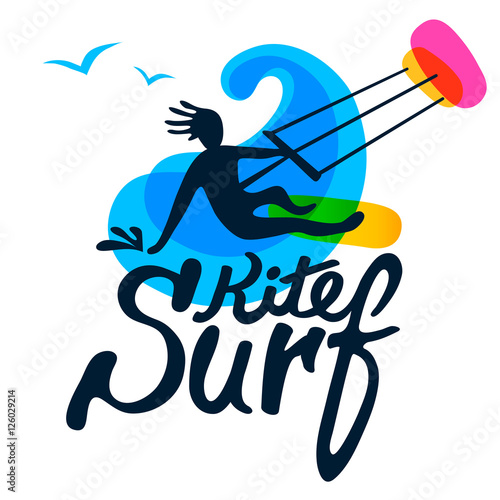 Plakaty Kitesurfing  kitesurfer-na-desce-surfingowej-z-latawcem-fala-i-mewa-na-bialym-tle-szablon-wektor-logo