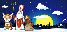 Saint Nicholas, Devil And Angel In Town - Vector Illustration .During The Christmas Season They Are Warning And Punishing Bad Children And Give Gifts To Good Children.
