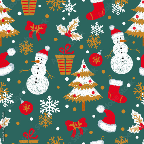 Materiał do szycia Weihnachten und Neujahr Musterdesign mit Doodle Schneemänner, Tannen, Geschenke und Schneeflocken. Vektor-Urlaub-Hintergrund.