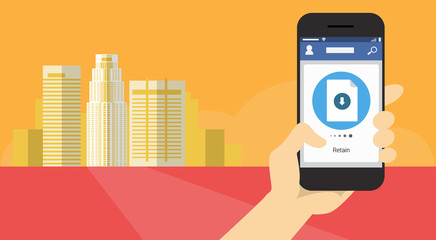 Wall Mural - hand hold cell smart phone application online retain download file banner flat vector illustration