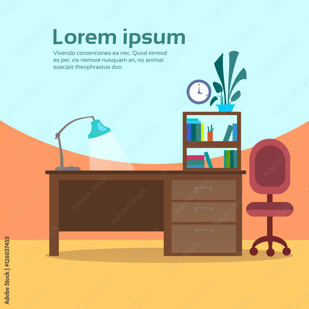 Empty Workplace Desk Workspace Office Interior No People Flat Vector ...