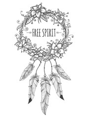 Wall Mural - boho indian decorative wreath with flowers, beads and feathers vector isolated sketch