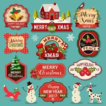 Merry Christmas Decoration And Design Elements With Vintage Labels, Cards And Tags Set.