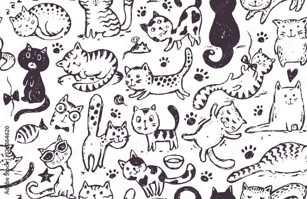 Vector seamless pattern with hand draw funny cats in sketch style Stock ...