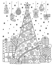 Doodle Pattern In Black And White. Christmas Decorations, Christmas Tree, Gifts, Snow And Streamers.Festive Atmosphere - Coloring Book For Children And Adults.
