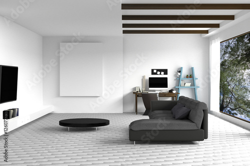 3d Rendering Illustration Of White Living Room Interior Design With Dark Sofa Blank Picture Frames Shelves And White Walls Work Space At Background View Of Tree And Sky Outside The Room Stock Illustration Adobe