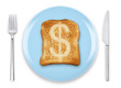 Dollar currency sign burn mark on toast bread with knife and fork on a blue plate, isolated on white background. Slice bread  with dollar sign, concept high price of food or food for business.